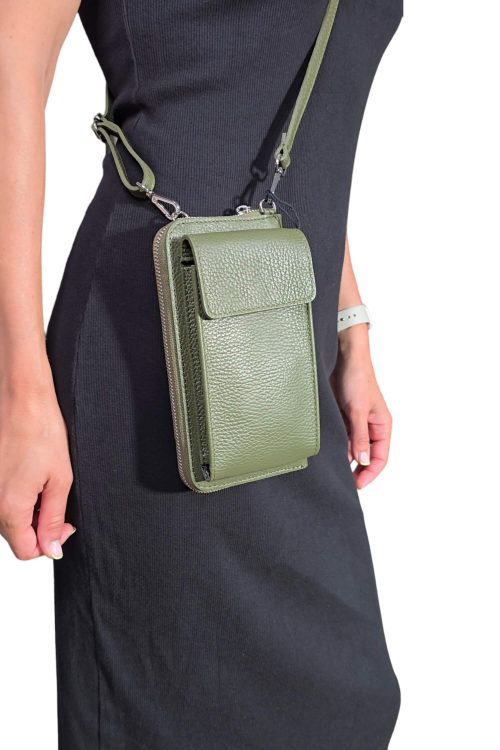 Dámska kožená crossbody taška na mobil - peňaženka khaki zelená