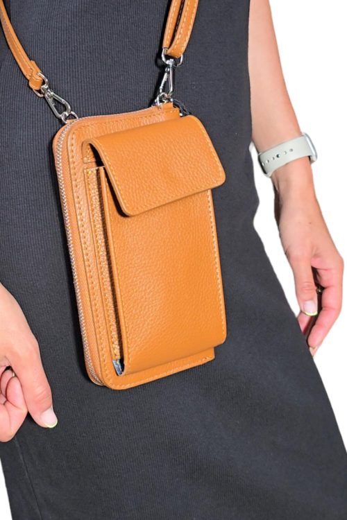 Dámska kožená crossbody taška na mobil - peňaženka oranžová