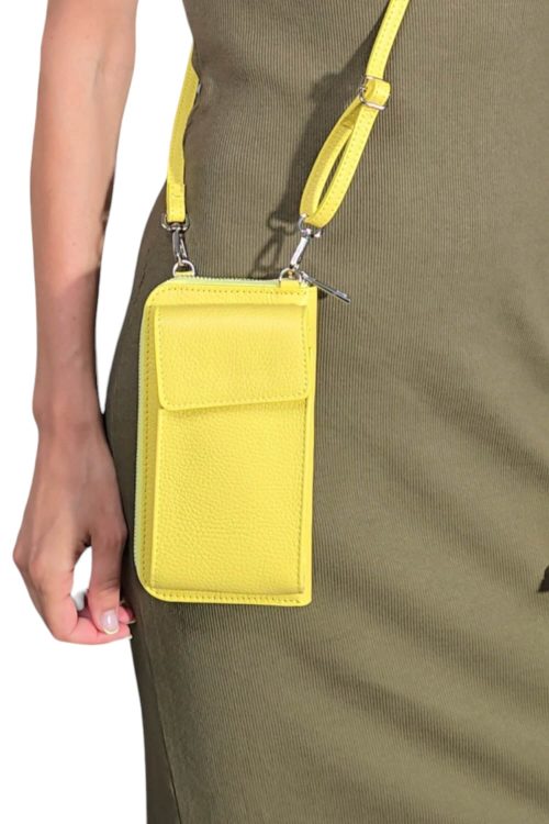 Dámska kožená crossbody taška na mobil - peňaženka žltá