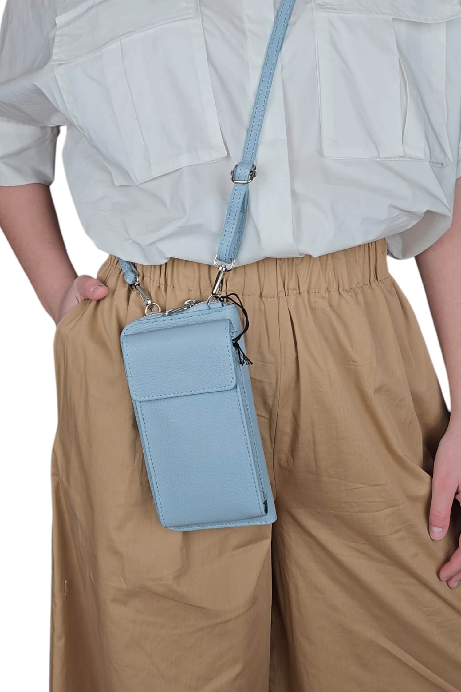Dámska kožená crossbody kabelka na mobil – peňaženka modrá