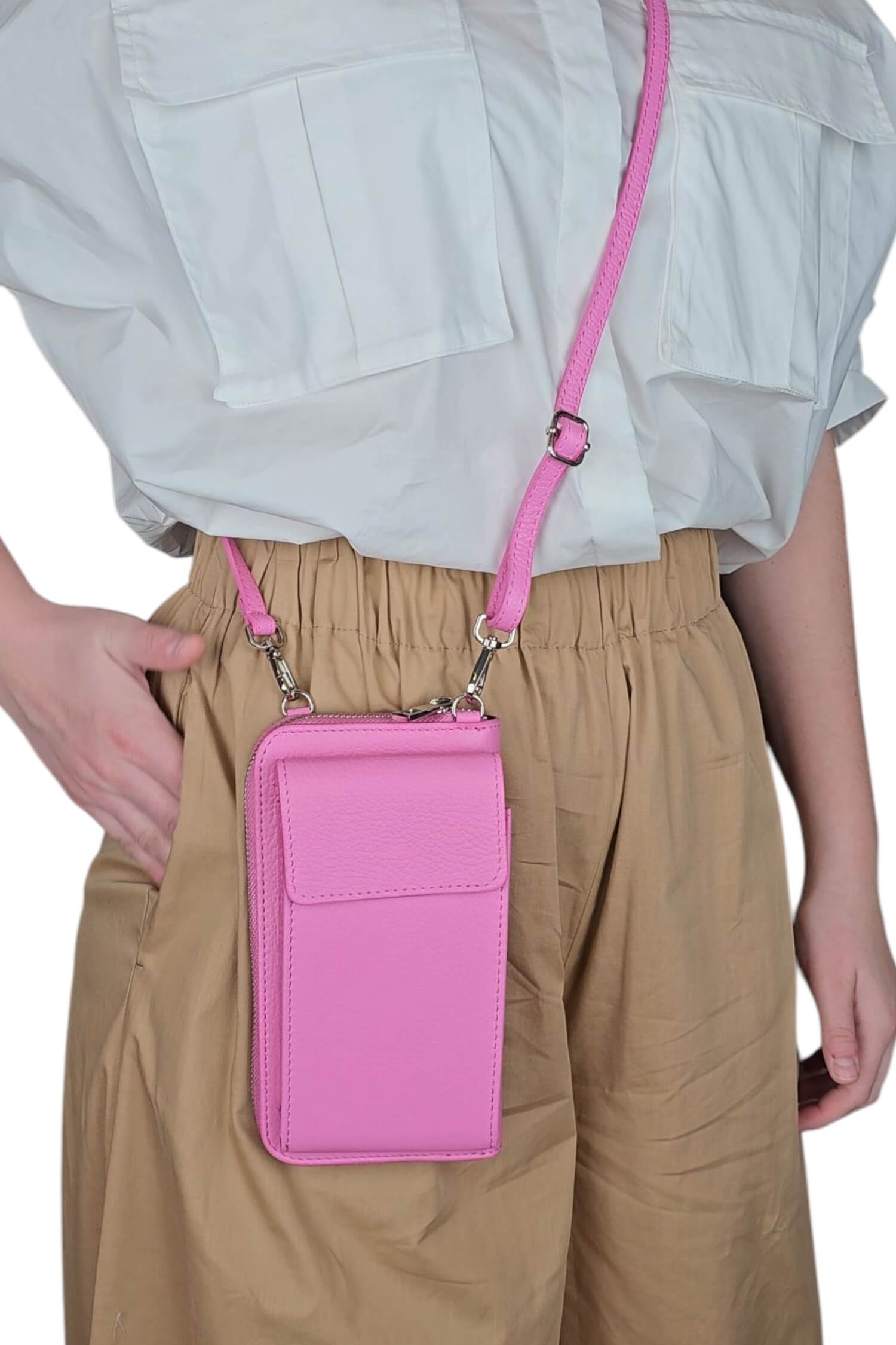 Dámska kožená crossbody kabelka na mobil – peňaženka ružová