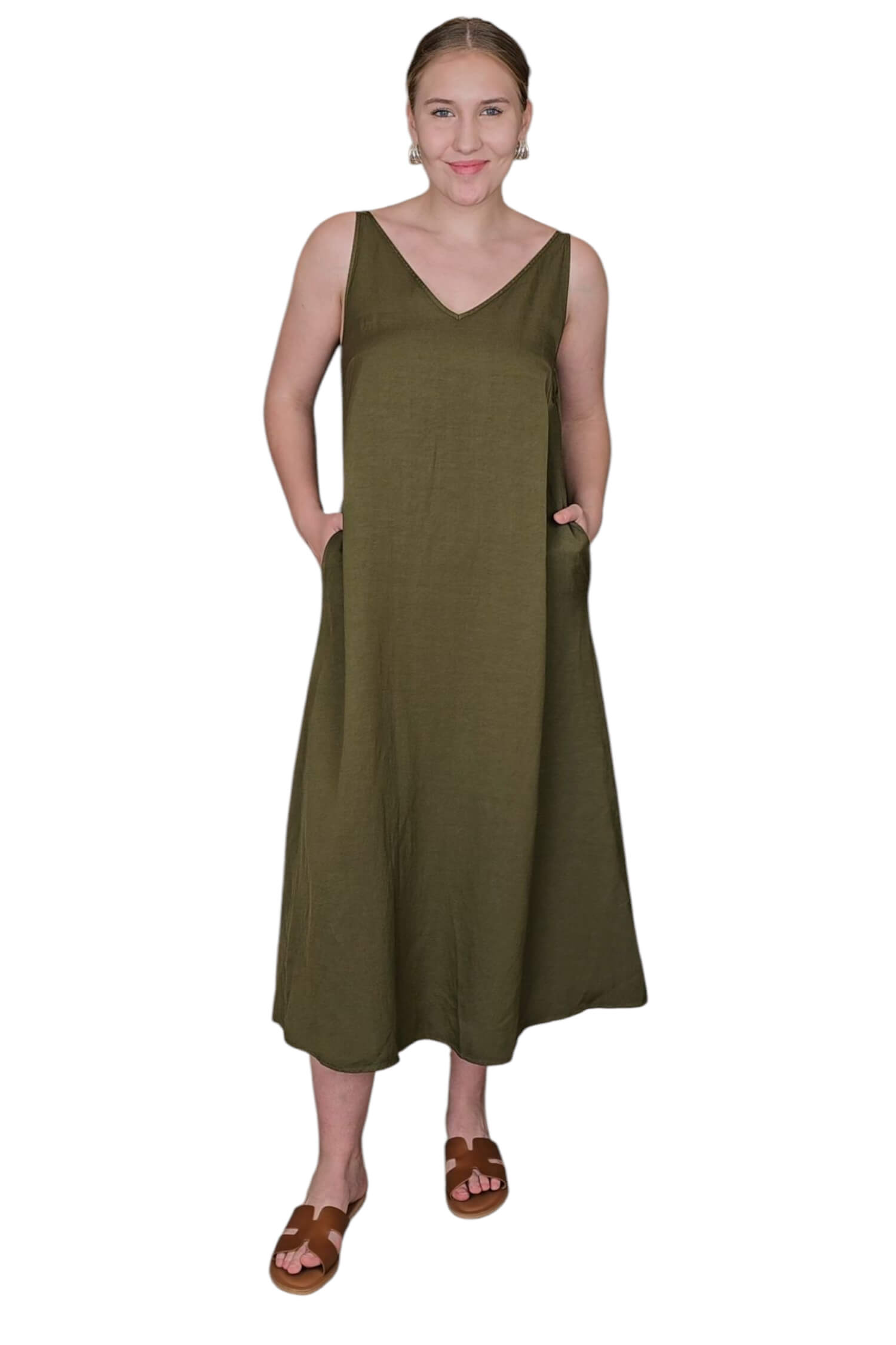 Dámské ľanové dlhé šaty VICOLO khaki zelené