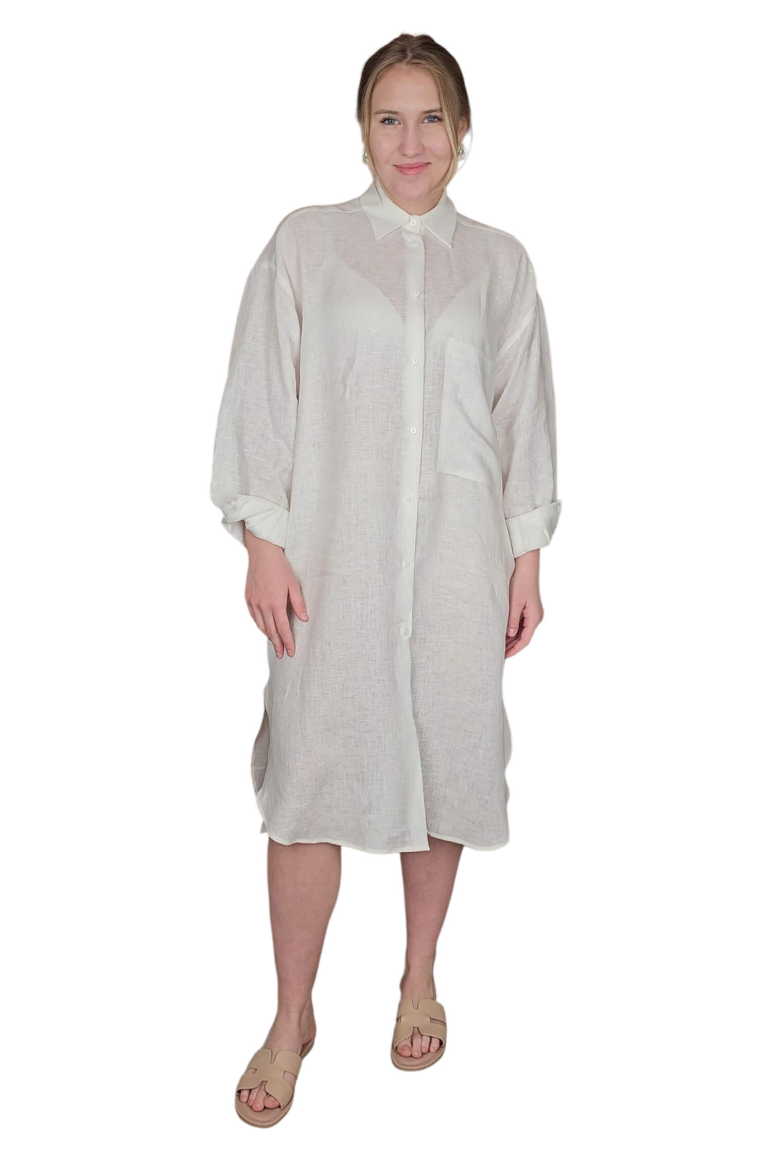 Dámske košeľové letné ľanové oversize šaty IMPERIAL biele