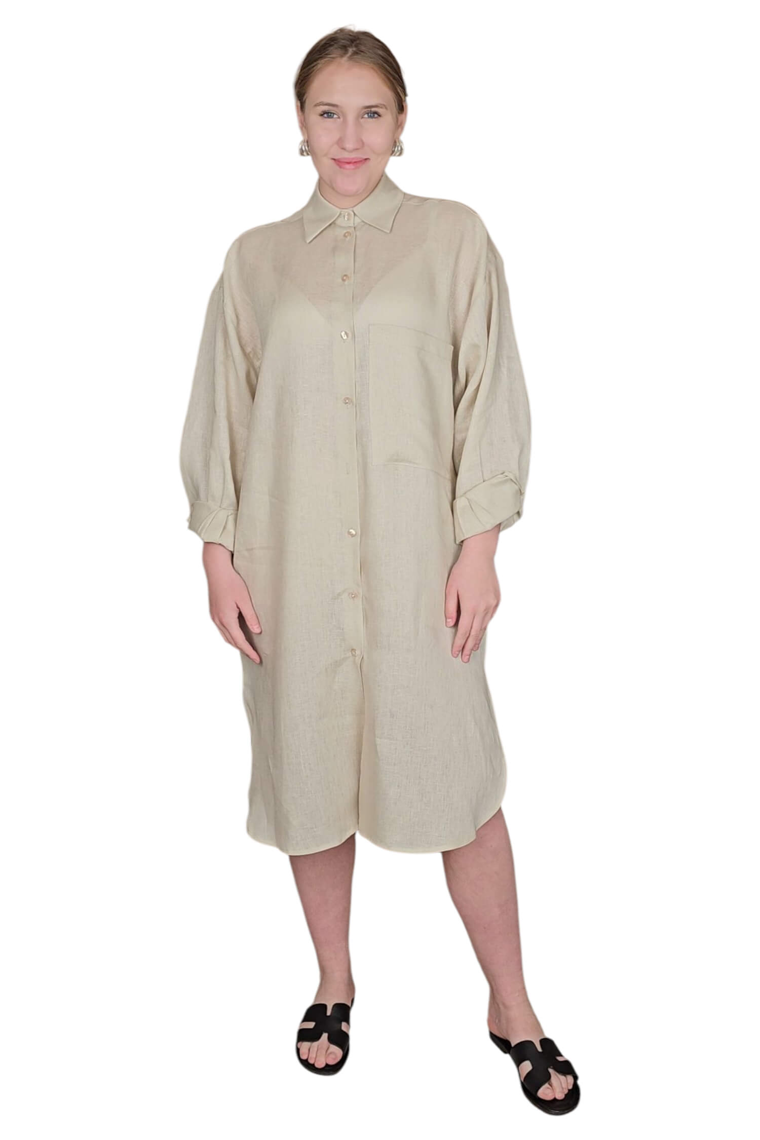 Dámske košeľové letné ľanové oversize šaty IMPERIAL béžové