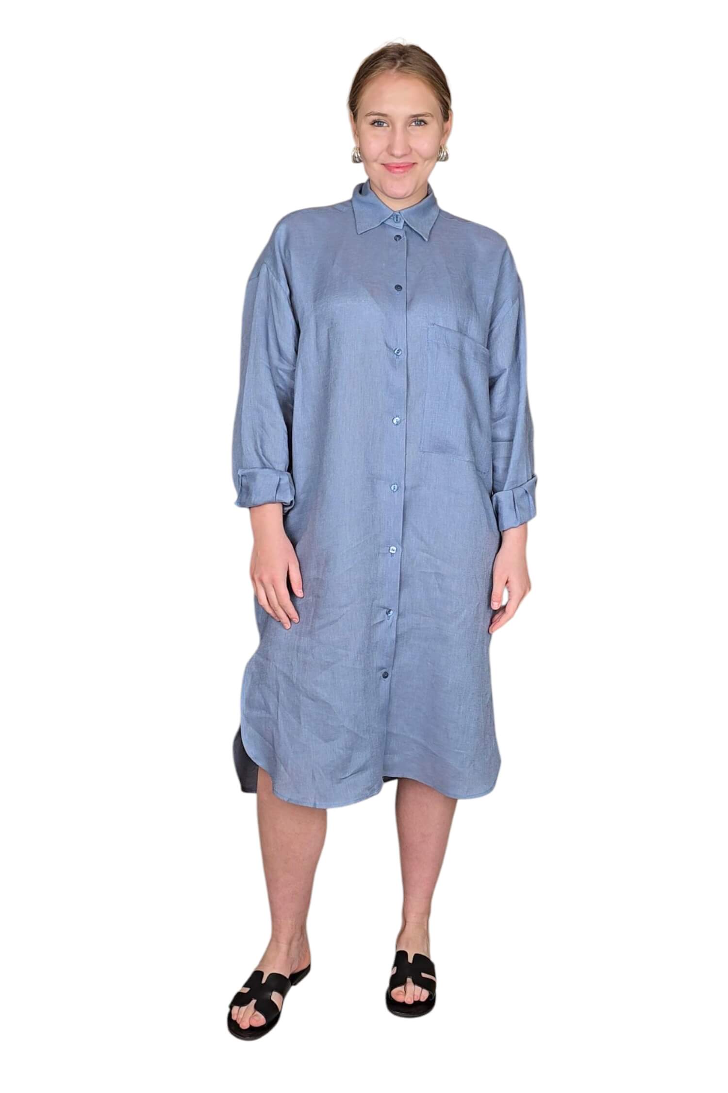 Dámske košeľové letné ľanové oversize šaty IMPERIAL modré